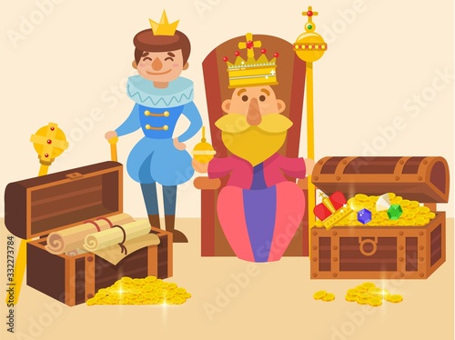 King sitting on throne and his son in crowns, with wealth riches vector illustration. Father king holds scepter and globus cruciger, prince smiles. Scrolls, chests with gold coins. photo