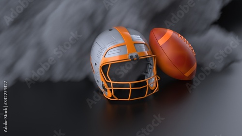 American football Gray-Orange helmet and Blown-Orange Ball with dark black toned foggy smoke under black-white laser lighting. 3D illustration. 3D high quality rendering.