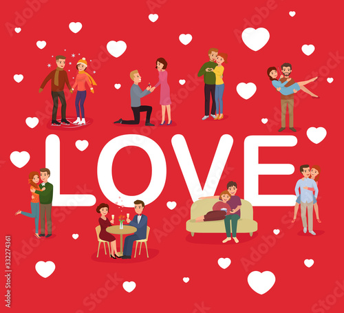 Loving couples, people men and women girls vector illustration set. Romantic ...