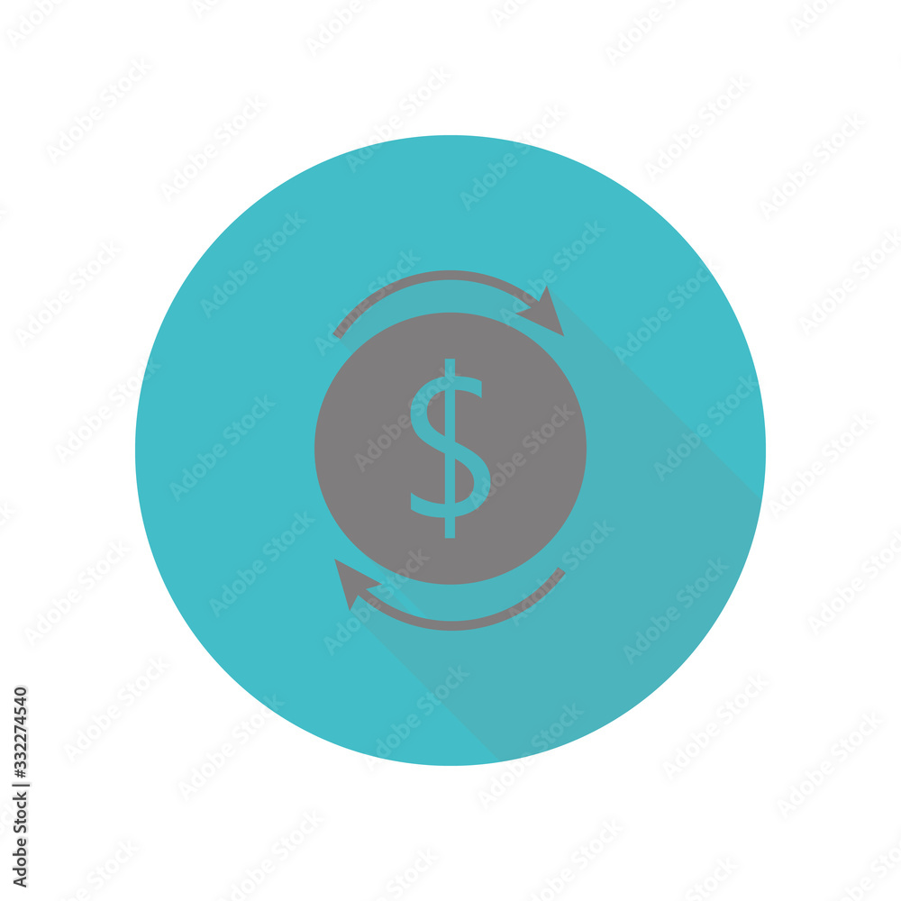 Two black round arrows with money long shadow icon. Simple glyph, flat vector of web icons for ui and ux, website or mobile application Two black round arrows with money long shadow icon. Simple glyph, flat vector of web icons for ui and ux, website or mobile application