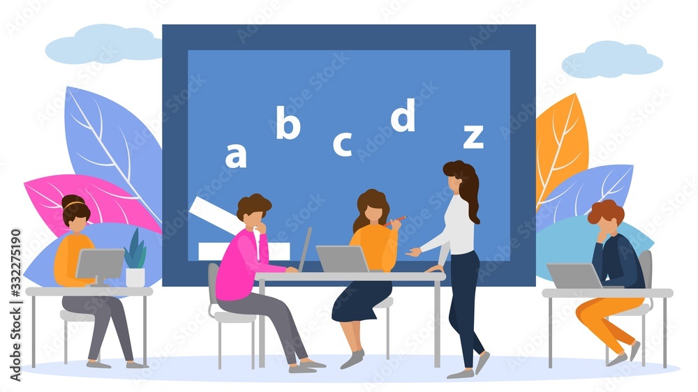 Online language course internet educational training vector illustration banner. People students group with teacher learn, get foreign language knowledge online. Girls, men sit at tables with laptops. Online language course internet educational training vector illustration banner. People students group with teacher learn, get foreign language knowledge online. Girls, men sit at tables with laptops.