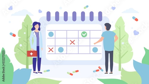 Doctors stand at giant appointment schedule vector illustration isolated banner. Schedule appointments, timetable of people man woman work at hospital, medical clinic or online.