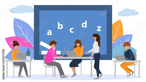 Online language course internet educational training vector illustration banner. People students group with teacher learn, get foreign language knowledge online. Girls, men sit at tables with laptops.