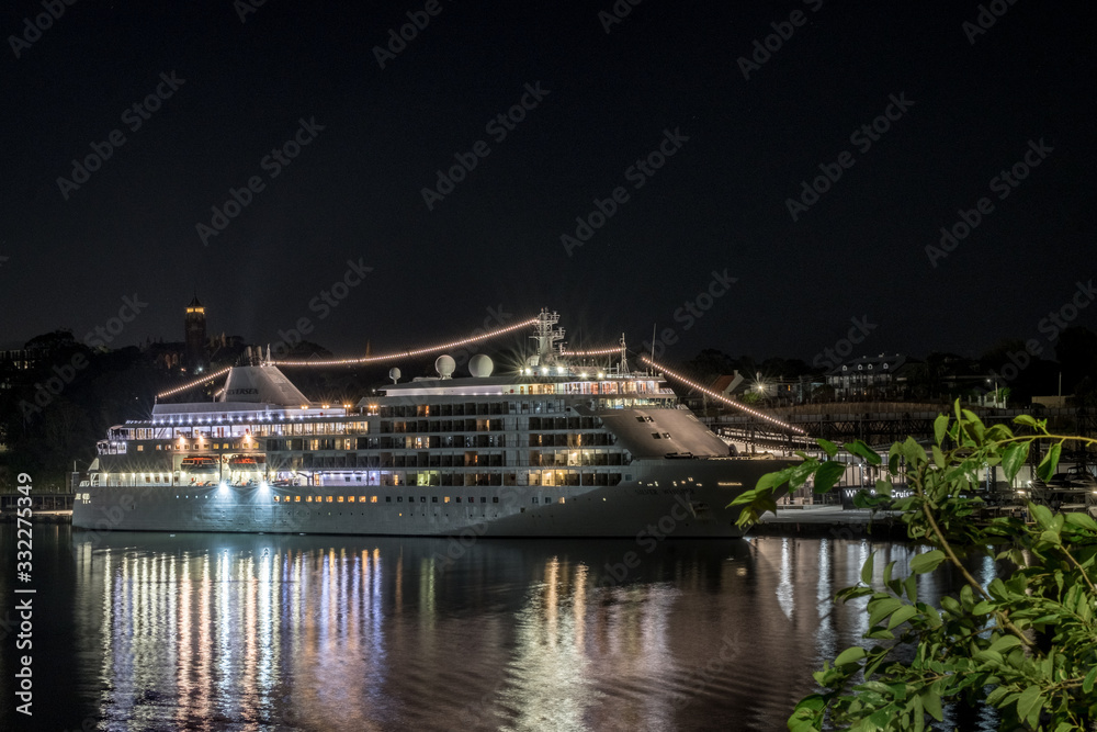 generic cruise ship moored at night