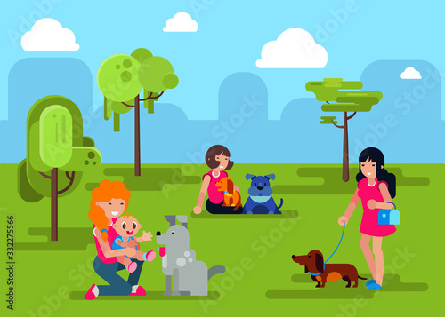 Dogs with people owners walking in city park vector illustration. Various cartoon dogs pets domestic animals and happy girls young woman with baby sitting in park grass together.