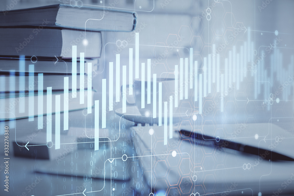 Double exposure of financial chart drawing and desktop with coffee and items on table background. Concept of forex market trading Double exposure of financial chart drawing and desktop with coffee and items on table background. Concept of forex market trading