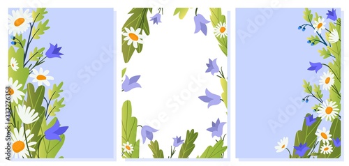 Vector floral cards or banners set with summer wild flowers cartoon vector il...