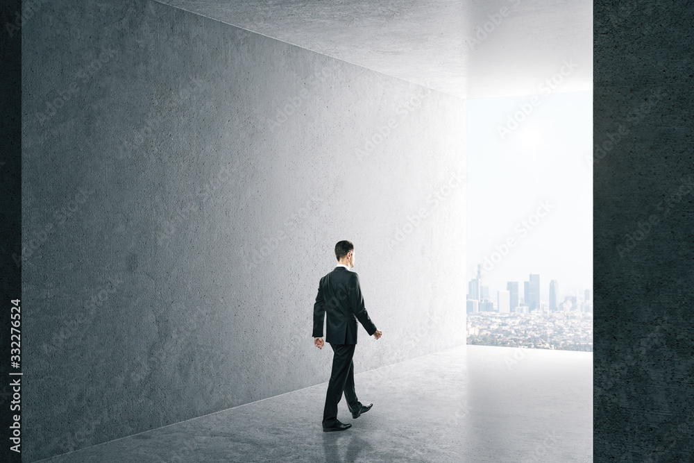 Fototapeta premium Businessman in interior with city view