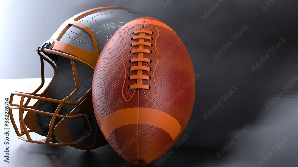 American football Gray-Orange helmet and Blown-Orange Ball with dark black toned foggy smoke under black-white laser lighting. 3D illustration. 3D high quality rendering. American football Gray-Orange helmet and Blown-Orange Ball with dark black toned foggy smoke under black-white laser lighting. 3D illustration. 3D high quality rendering.