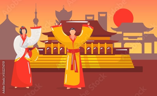 China country culture travel and traditions cartoon vector illustration. Chinaman and woman in national costumes with architecture, pagoda, chinese cultural traditional symbols.