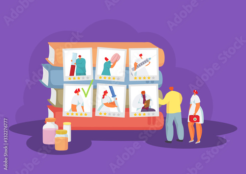 Man chooses a doctor online from home, medical appointment cartoon vector illustration. Modern medicine, prevention of diseases, search for specialist, medics doctors portraits and hospital.
