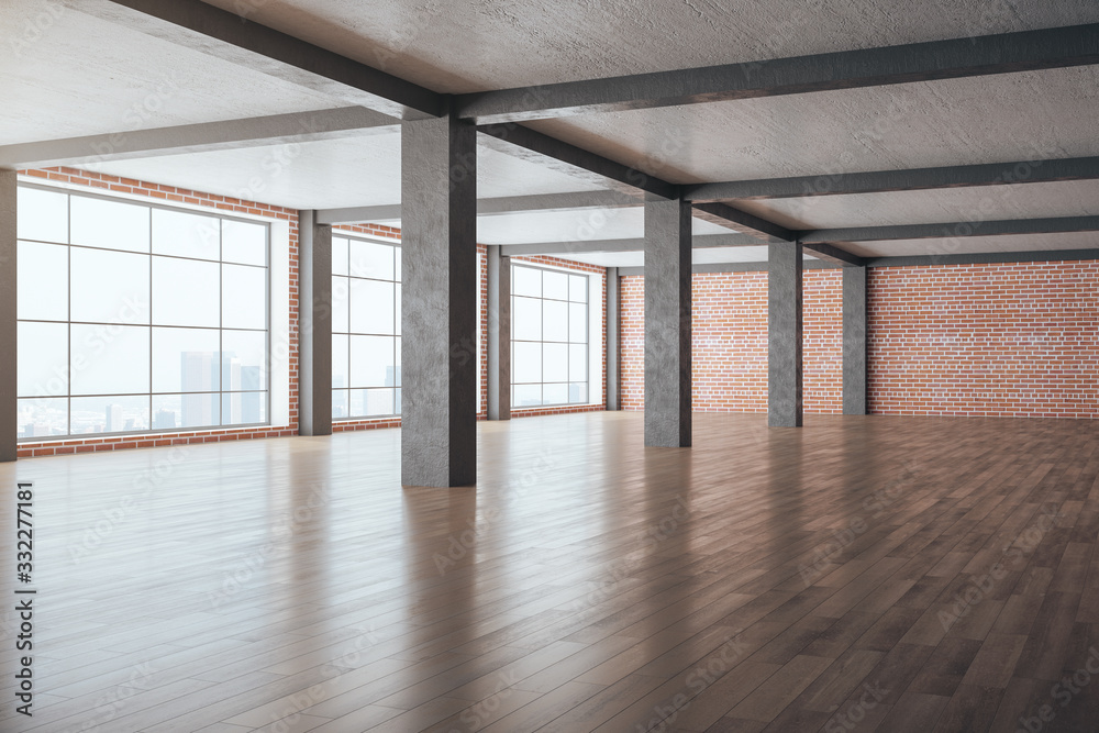 Minimalistic brick interior with columns and wooden floor Minimalistic brick interior with columns and wooden floor