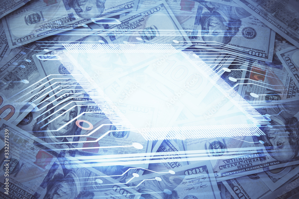 Fototapeta premium Double exposure of data theme drawing over us dollars bill background. Technology concept.