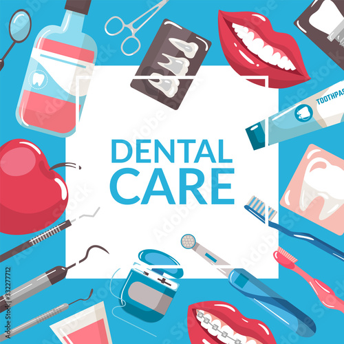 Dental care and dentistry background with tooth brushes, paste and mouth, x-ray vector illustration. Dental health care poster, healthy clean teeth, stomatology tools and equipment icons.