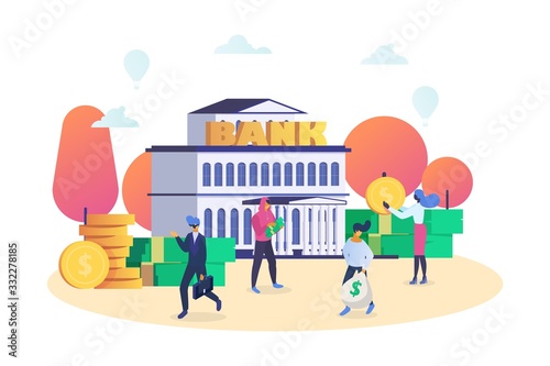 Finance and bank building with people customers and staff hold money isolated on white vector illustration. Business financing and banking concept. Financial businessman and operators.