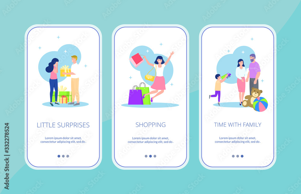 Happy woman and beautiful girl lineart set of banners vector illustration. Girl getting presents, shopping and happy woman spending time with family. Female happiness concept. Happy woman and beautiful girl lineart set of banners vector illustration. Girl getting presents, shopping and happy woman spending time with family. Female happiness concept.