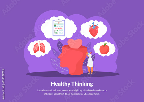 Positive thinking and healthy eating brains with love and tiny person flat vector illustration. Woman thinking about food, apple, heart choosing healthy food. Head makes healthy lifestyle.