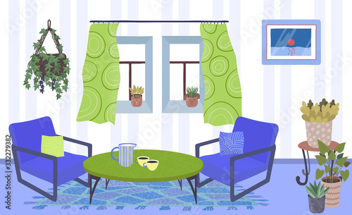 Living room interior with plants in pots, armchairs, table and window with cu...
