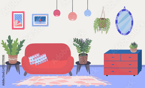 Living room interior with sofa, plants in pots and lamps, carpet and pictures...