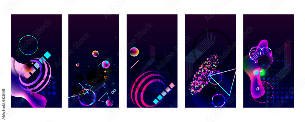Set of banner style of cosmos universe stars galaxy dark blue 3d futuristic study trip. Background modern starry sky glowing abstraction planet neon