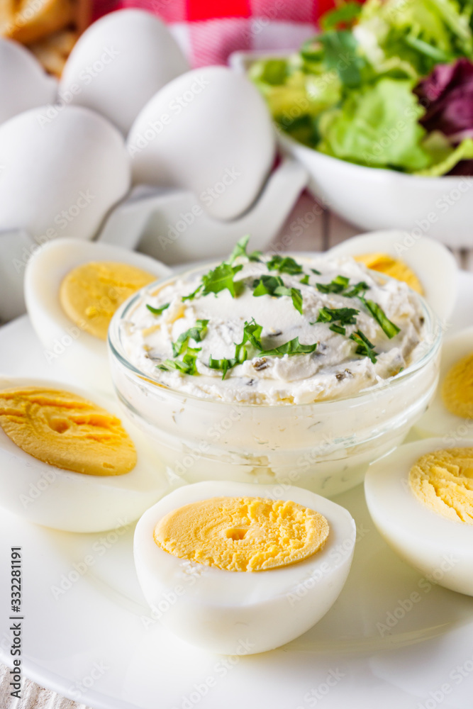 boiled chicken eggs on a white wooden rustic background boiled chicken eggs on a white wooden rustic background