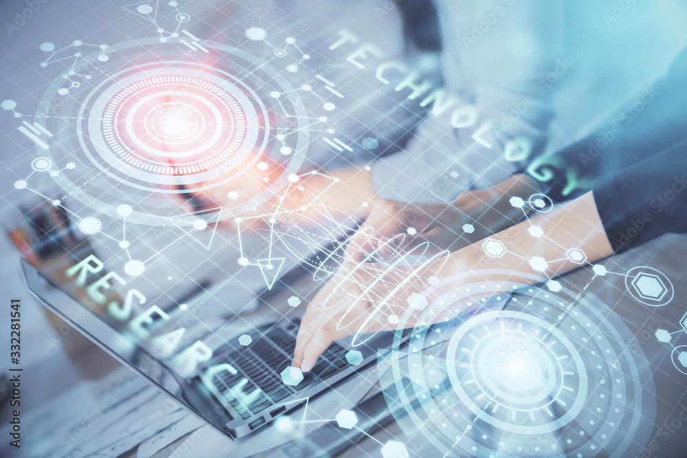 Double exposure of woman hands working on computer and data theme hologram drawing. Tech concept. Double exposure of woman hands working on computer and data theme hologram drawing. Tech concept.