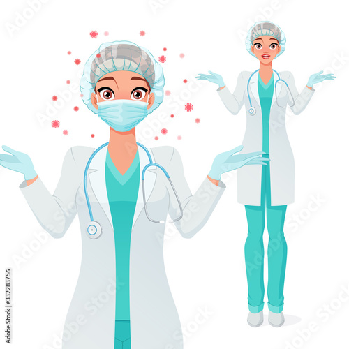 Confused doctor in mask, white coat and green medical uniform shrugs. Protection from coronavirus. Vector illustration. photo