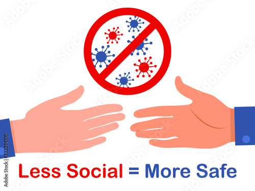 Less social more safe banner. Two hands ready to shake at meeting. Illness and bacteria spread prevention method. No handshake, avoiding physical touch and coronavirus infection. Flat vector concept
