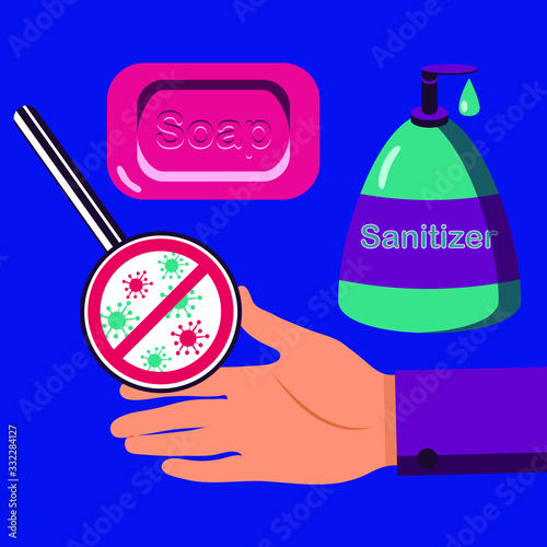 Personal hygiene rule concept illustration. Wash hands with soap, sanitizer to avoid bacteria and virus spread. Hand and magnifying glass with stop sign for covid-19 moleculas on bright blue backdrop.