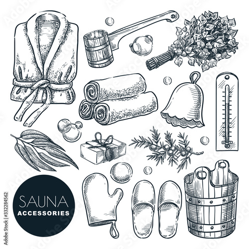 Sauna and bathhouse accessories set. Vector hand drawn sketch illustration. Bath and spa isolated design elements.