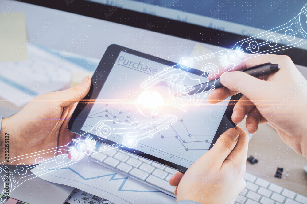 Multi exposure of man's hands holding and using a digital device and data theme drawing. Innovation concept. Multi exposure of man's hands holding and using a digital device and data theme drawing. Innovation concept.