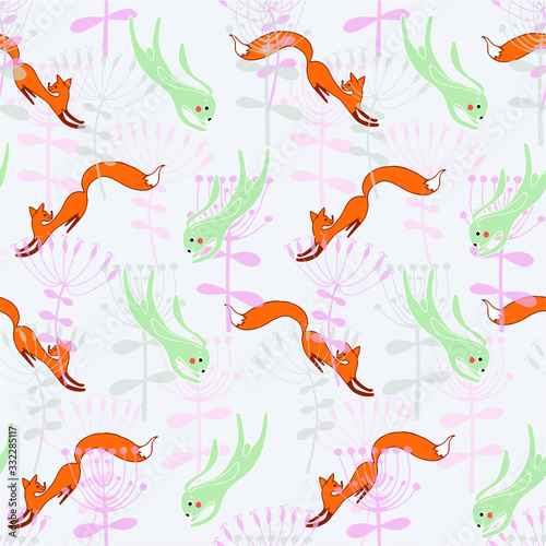 Foxes are catching up hare seamless pattern light blue. Cartoons cute animal  pink flowers background design element stock vector illustration for web  for print  for fabric print  for cover