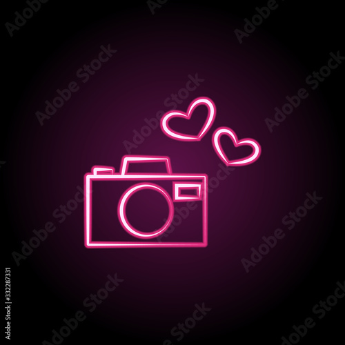 Camera with hearts neon icon. Simple thin line, outline vector of wedding icons for ui and ux, website or mobile application