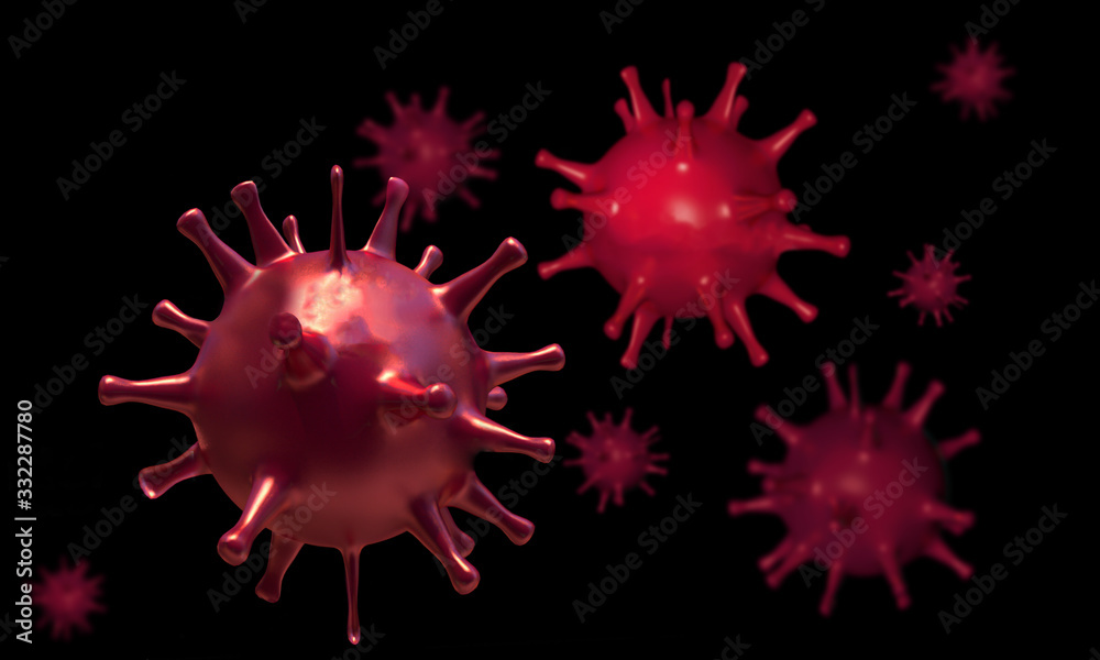 Coronavirus 3d render on black background. Virus of flu in microscope. World pandemic Coronavirus 3d render on black background. Virus of flu in microscope. World pandemic