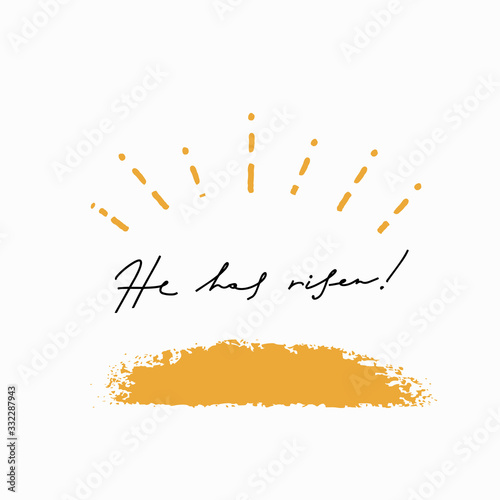 Square Easter greeting card with Bible verse He has risen and yellow sun. Hand written card.