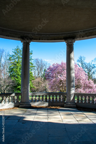 The View From an Old Concrete Balcony With Large Pillars and  a Detailed Fence at the Elkins Estate photo