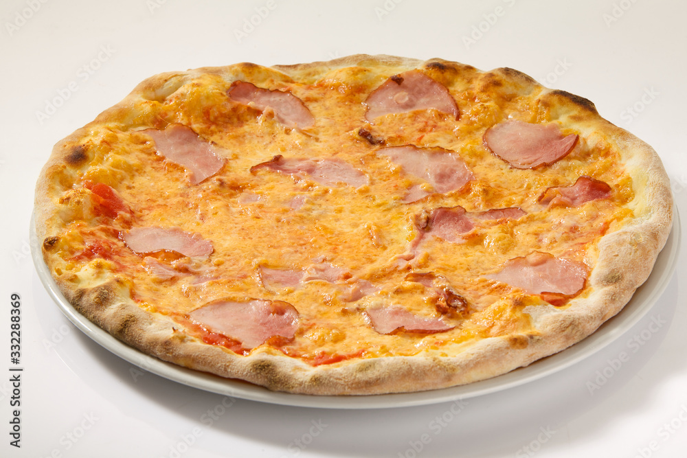 Flatlay of Italian pizza on white background. Rustic homemade pizzas with salami, bacon,  cheese, eggs and raw vegetables on shabby wooden background. Healthy vegetarian fungi pizza