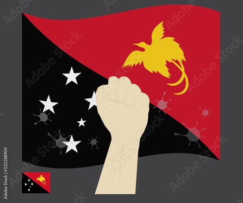 Fist power hand with novel coronavirus or COVID-19 virus stained on the papua new guine National Flag, Fight for Papua New Guinean people concept, sign symbol background, vector illustration. photo