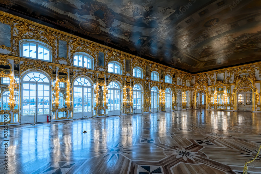 Ornate golden interior of the Great Hall, the most spacious premise of the  Catherine Palace in Tsarskoe Selo (Pushkin), St. Petersburg, Russia. Stock  Photo | Adobe Stock