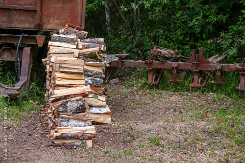 base country background stack of logs a piece of chopped tall copies space