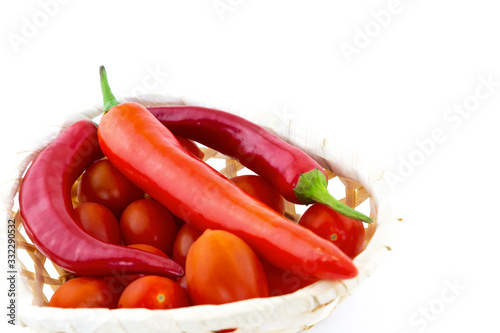 hot pepper long fresh tomato cherry set of vegetables on white isolated background