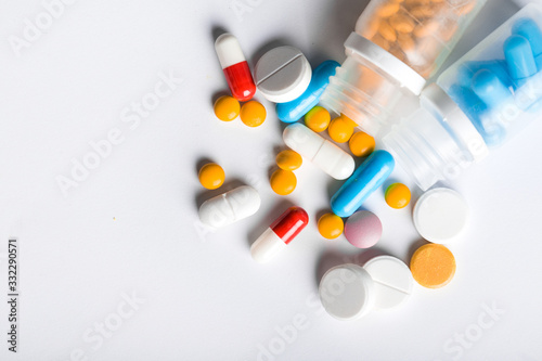 Assorted pharmaceutical medicine pills, tablets and capsules.Pills background.