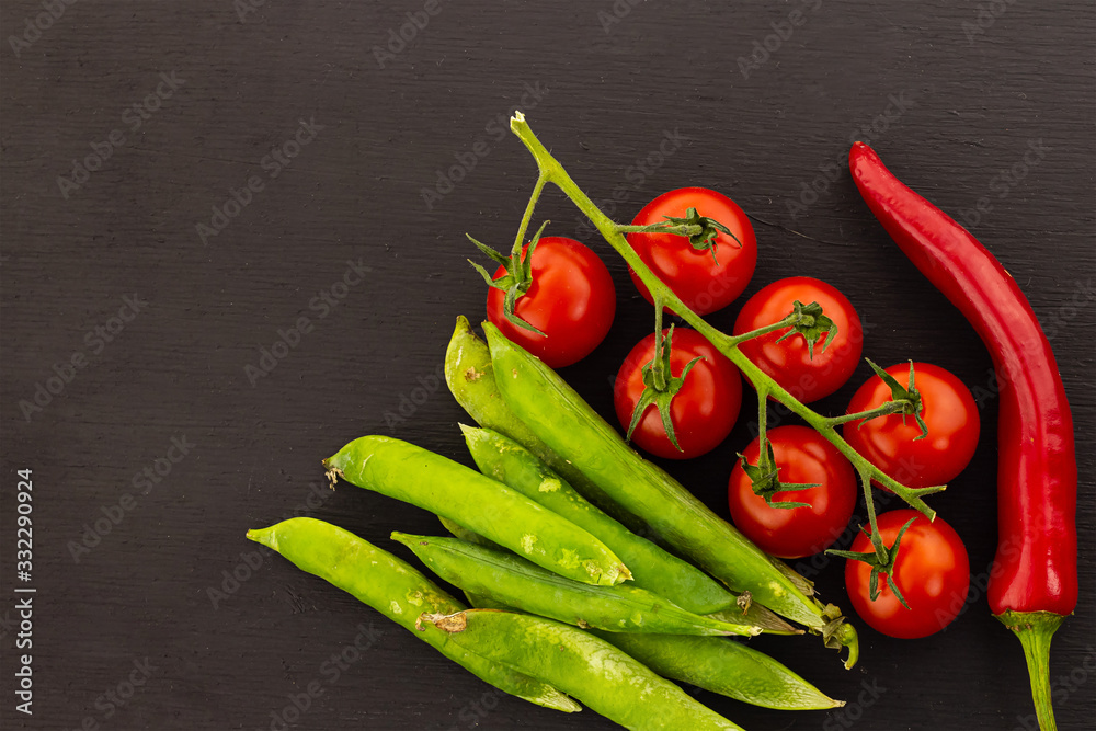 collage vegetable set pod pea green branch tomato chili pepper asia recipe black background