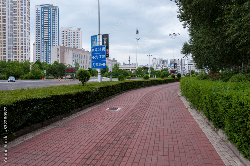 China, Heihe, July 2019: streets of the Chinese city of Heihe in the summer