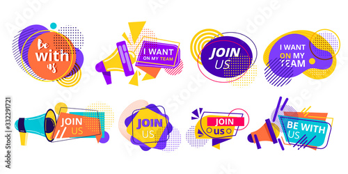 Promotional recruiting stickers for a Team in bright colorful designs with text over white as design elements, vector illustration