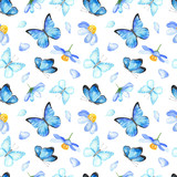 Watercolor seamless pattern with blue butterflies and flowers on a white background.