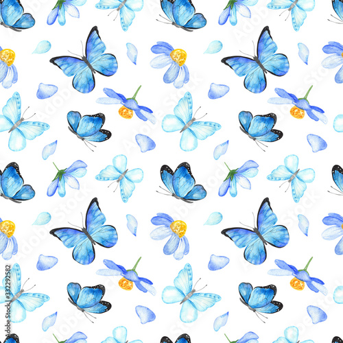 Watercolor seamless pattern with blue butterflies and flowers on a white background.