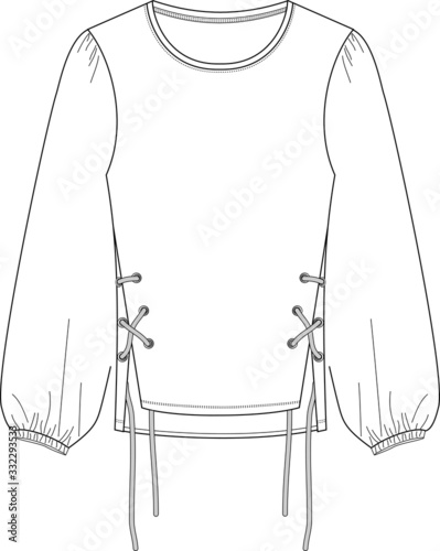 womens blouse fashion flat technical drawing template.eyelet detail top.