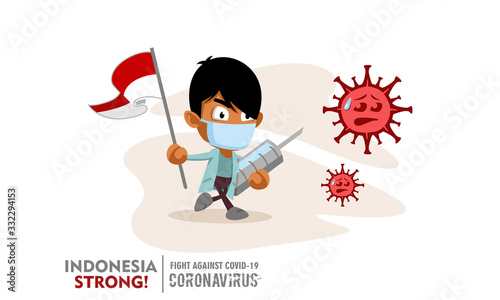 Person holding nation flag and vaccine syringe fighting coronavirus pandemic or coronavirus outbreake 2019 COVID-19. Vector illustration against corona covid-19 virus. Scalable and editable vector.