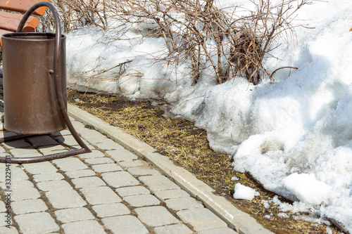 urn on the edge of the sidewalk near a bush growing on a lawn site, selective focus